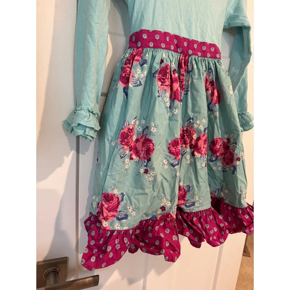 Eleanor Rose Rhonda Dress Girls Size 8-10 Aqua Pink Floral Ruffle Long Sleeve